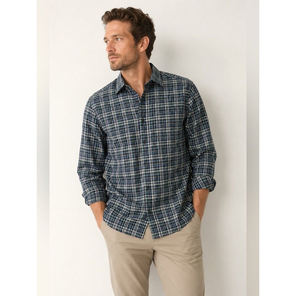 Tasso Elba men dress Cotton Button Down Relax Fit Blue Plaid shirt Sz S 14/14.5